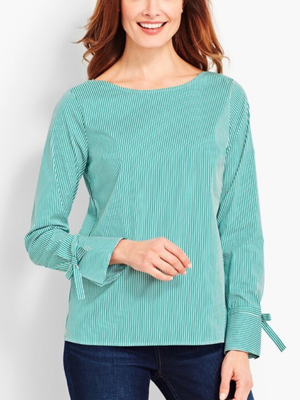 Talbots Tie-Sleeve Poplin Popover Striped Blouse M Stretch Lightweight Casual